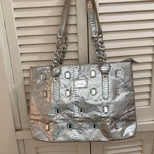 Diane Gilman Silver Embossed Shoulder Tote with Gem Accents